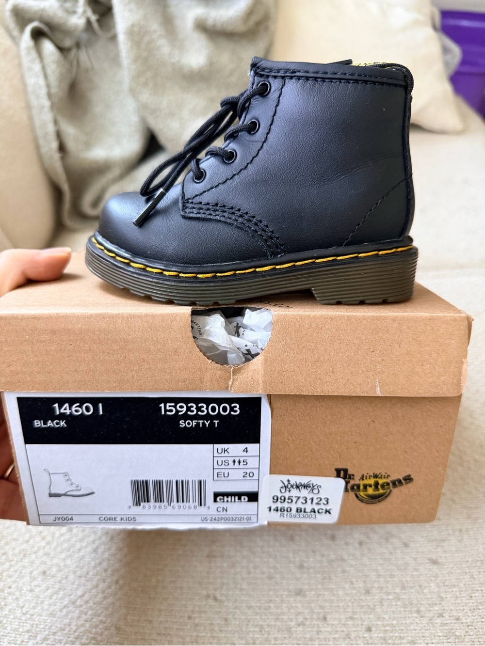Dr. Martens Black Baby Walker Boot with Yellow Stitching